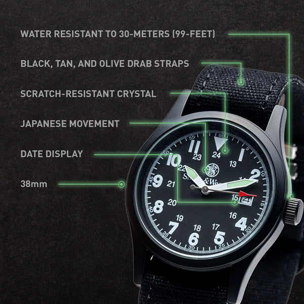 Smith & Wesson Military Watch Black Dial- 3 Changeable Straps – CampcoShop